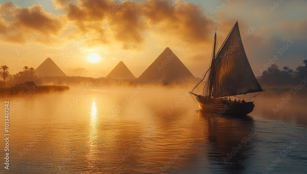 Fototapeta premium A sailboat with white sails is sailing on the Nile in front of three large pyramids, sunset, orange sky, bright colors.
