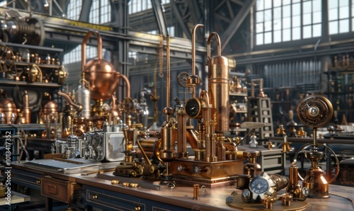 Steampunk inventor's workshop with brass contraptions, 4K hyperrealistic photo