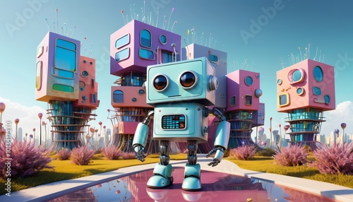 Toy retro robot with tin body, red eyes, and white background, isolated and fun for childhood play photo