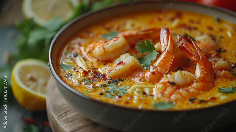Showcase Thai soup's rich flavors with bold photography, vibrant angles, and dynamic lighting Showcase Thai soup's rich flavors with bold photography, vibrant angles, and dynamic lighting