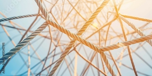 A large web of tangled ropes symbolizing complex business relationships and antitrust issues. Tangled,intertwined,interconnected,antitrust,monopoly,competition,fairness