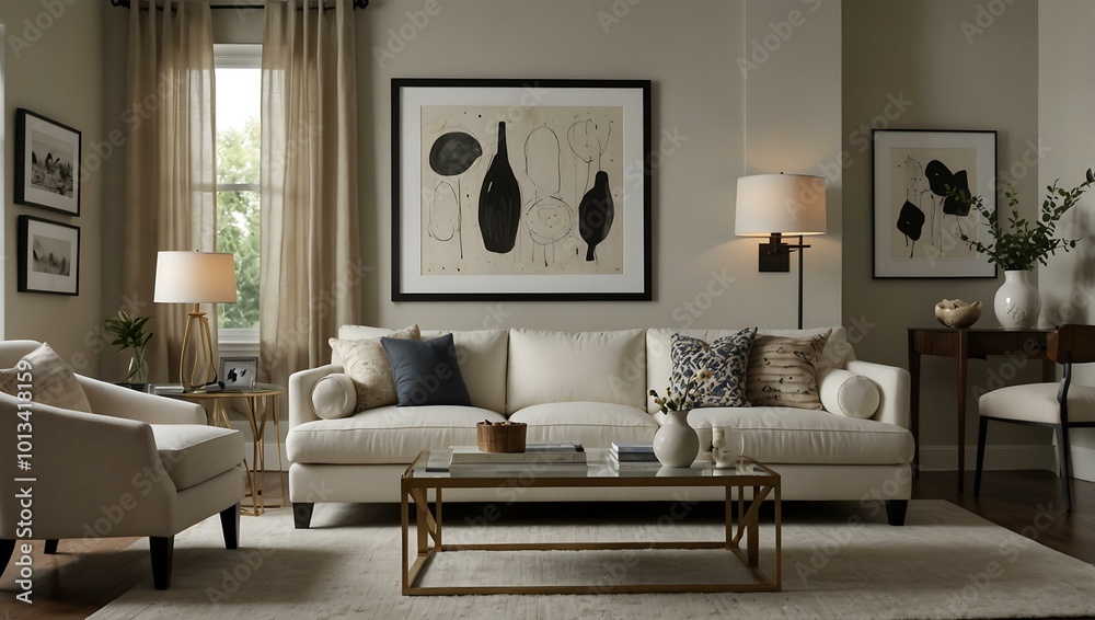Living room showcasing a white sofa, art frame, and decorative vases. Living room showcasing a white sofa, art frame, and decorative vases.