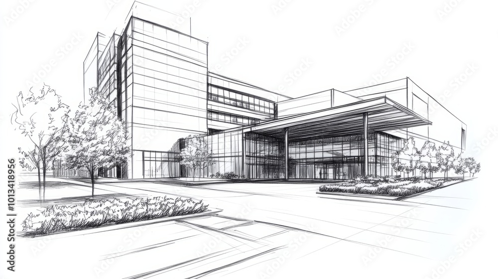 Modern Office Building Sketch - Architectural Design Drawing Modern Office Building Sketch - Architectural Design Drawing