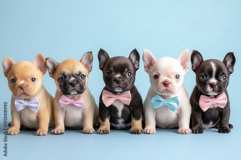 Five adorable french bulldog puppies posing on blue background Five adorable french bulldog puppies posing on blue background