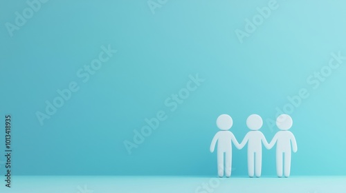 A minimalist 3D render of a family of stick figures holding hands on a solid pastel blue background with ample space for text