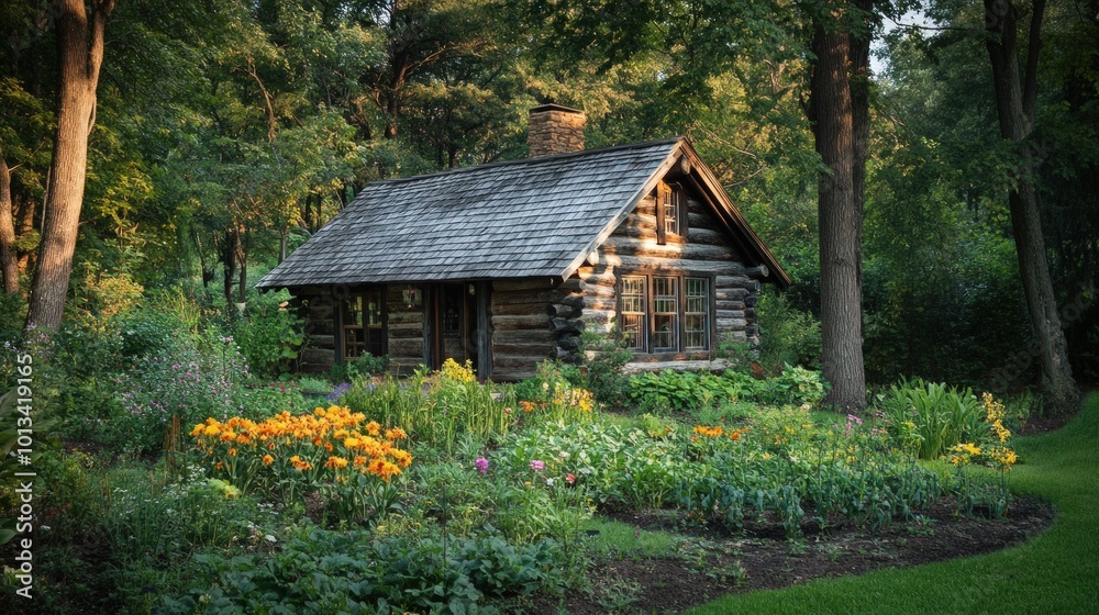 A rustic log cabin nestled in a lush garden, bathed in the soft light of morning sun. A rustic log cabin nestled in a lush garden, bathed in the soft light of morning sun.