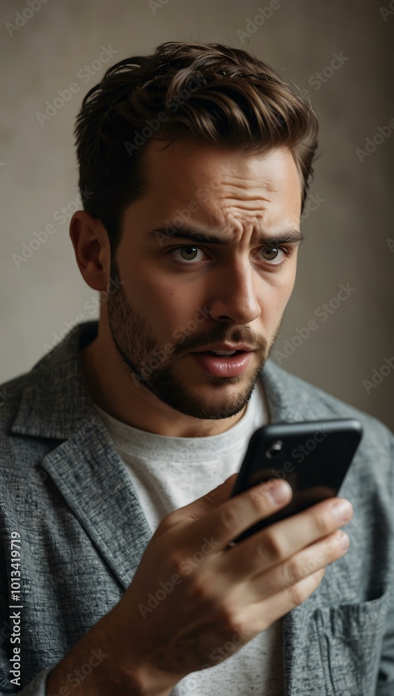 Man looking shocked while reading on his phone. Man looking shocked while reading on his phone.