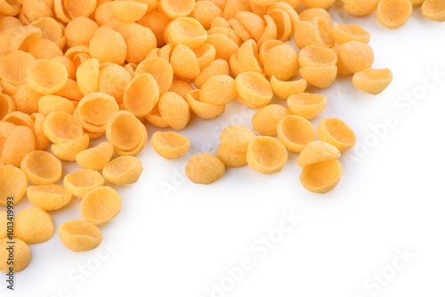 Photography corn snack cheese flavor top view in shell-shaped corner isolated background por