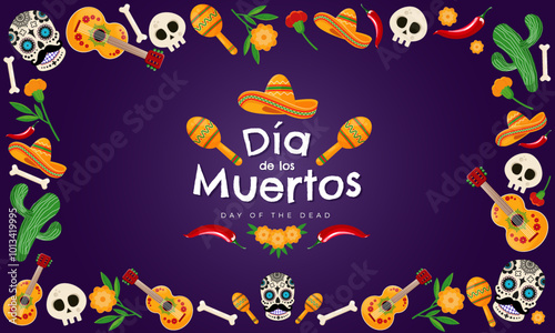 Dia de Los Muertos - Day of the Dead celebration banner, poster, card with colorful mexican traditional objects. Vector illustration