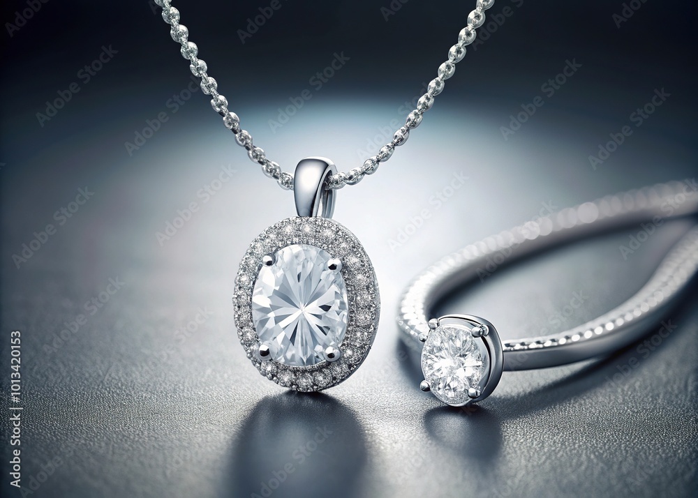 Elegant jewelry ensemble featuring an oval-cut 0.200-carat diamond ring and necklace on a modern white and metallic gray background, radiating sophistication and luxury. Elegant jewelry ensemble featuring an oval-cut 0.200-carat diamond ring and necklace on a modern white and metallic gray background, radiating sophistication and luxury.