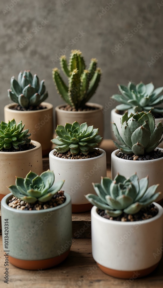 Minimalist arrangement of succulents and cacti in ceramic pots for a clean aesthetic. Minimalist arrangement of succulents and cacti in ceramic pots for a clean aesthetic.
