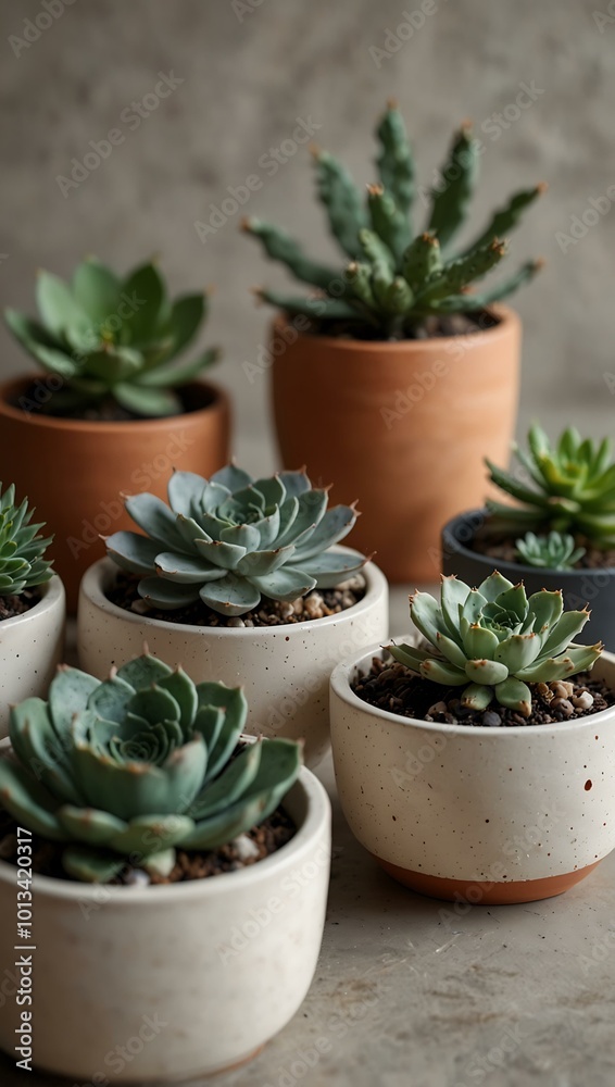 Minimalist arrangement of succulents and cacti in ceramic pots for a clean aesthetic. Minimalist arrangement of succulents and cacti in ceramic pots for a clean aesthetic.