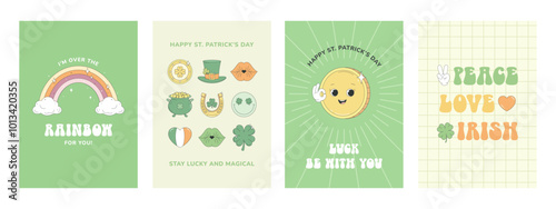St. Patrick's Day greeting cards with holiday symbols. Leprechaun hat, pot of gold, horseshoe, shamrock, gold coin, rainbow. Retro groovy style.