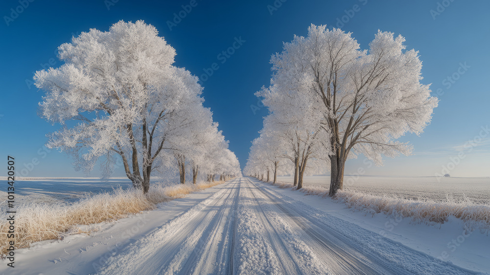 Under the heavy snow, the Metasequoia trees were covered with a soft brown velvet, the snowy road curved and stretched as far as the eye could see, the sky was as blue as a painting. Under the heavy snow, the Metasequoia trees were covered with a soft brown velvet, the snowy road curved and stretched as far as the eye could see, the sky was as blue as a painting.