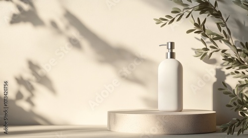 White pump bottle on a wooden platform with sunlight and plant shadows on a beige background.