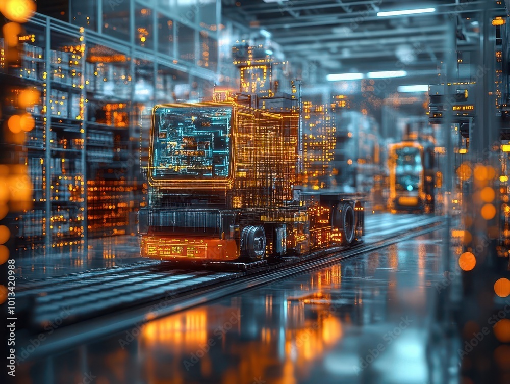 futuristic digital warehouse scenario utilizing augmented reality for logistics and delivery showcasing advanced technology in a bustling ecommerce environment futuristic digital warehouse scenario utilizing augmented reality for logistics and delivery showcasing advanced technology in a bustling ecommerce environment