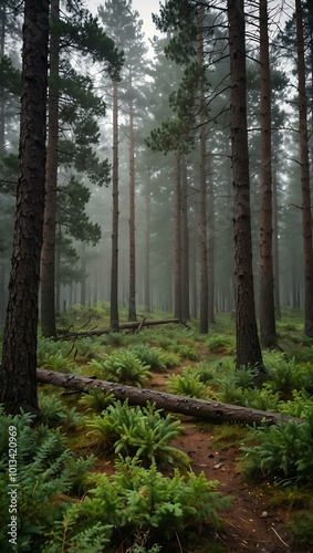 Misty morning in a Swedish pine forest, showcasing lush green trees and a serene atmosphere.