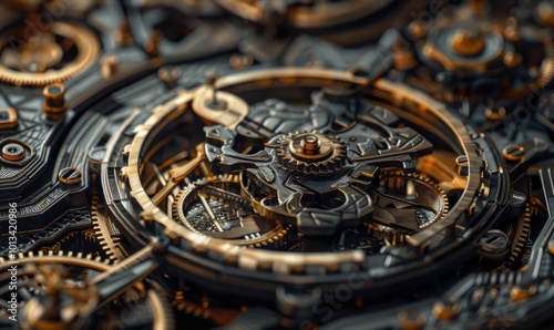 Intricate clockwork mechanism, 4K hyperrealistic photo