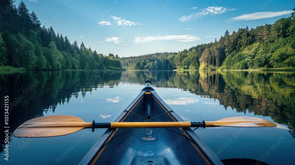 A kayak floating peacefully on a glassy lake, surrounded by dense forest. The kayak paddle lies across the seat, reflecting perfectly in the still water. A kayak floating peacefully on a glassy lake, surrounded by dense forest. The kayak paddle lies across the seat, reflecting perfectly in the still water.