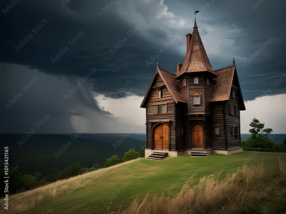 Fototapeta premium a house on a hill with storm clouds in the background.