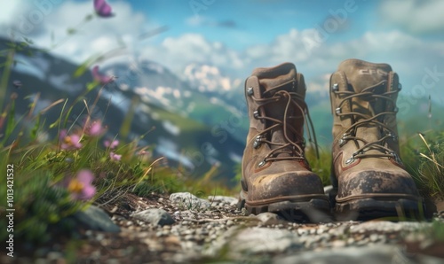 Pair of hiking boots on the hiking trail, 4K hyperrealistic photo