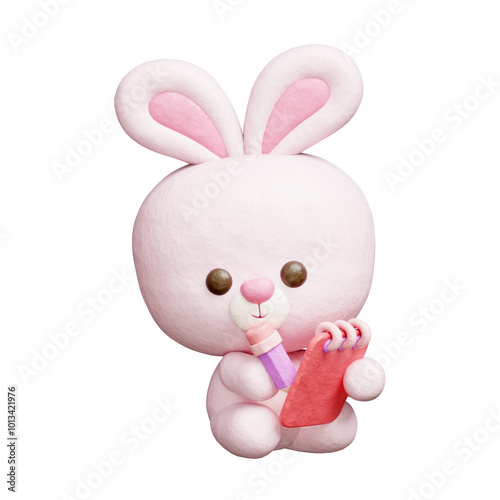 3D cute rabbit writing a journal, Cartoon animal character, 3D rendering.