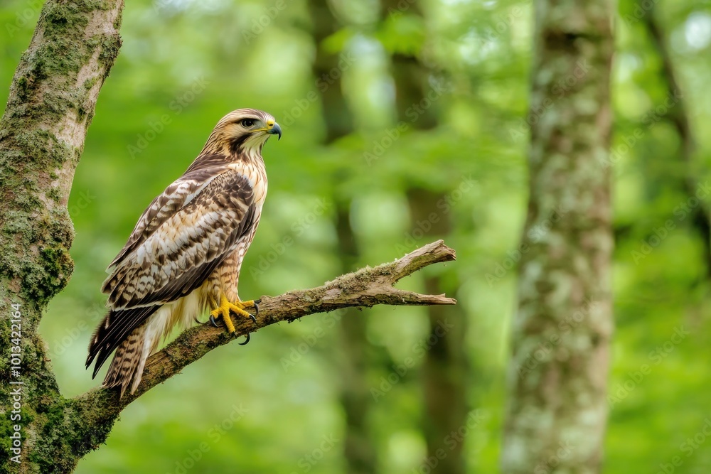 A hawk perched on a tree branch, scanning the forest floor for prey. A hawk perched on a tree branch, scanning the forest floor for prey.