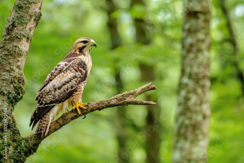 A hawk perched on a tree branch, scanning the forest floor for prey. photo