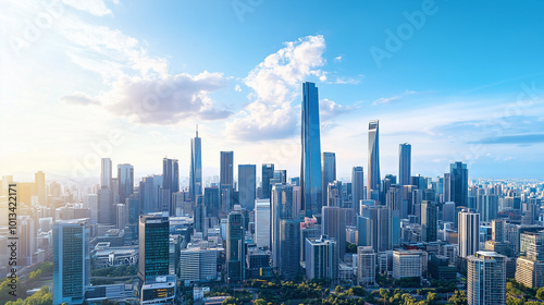 Aerial View of City Skyline and High-Rise Buildings Under Blue Sky and White Clouds