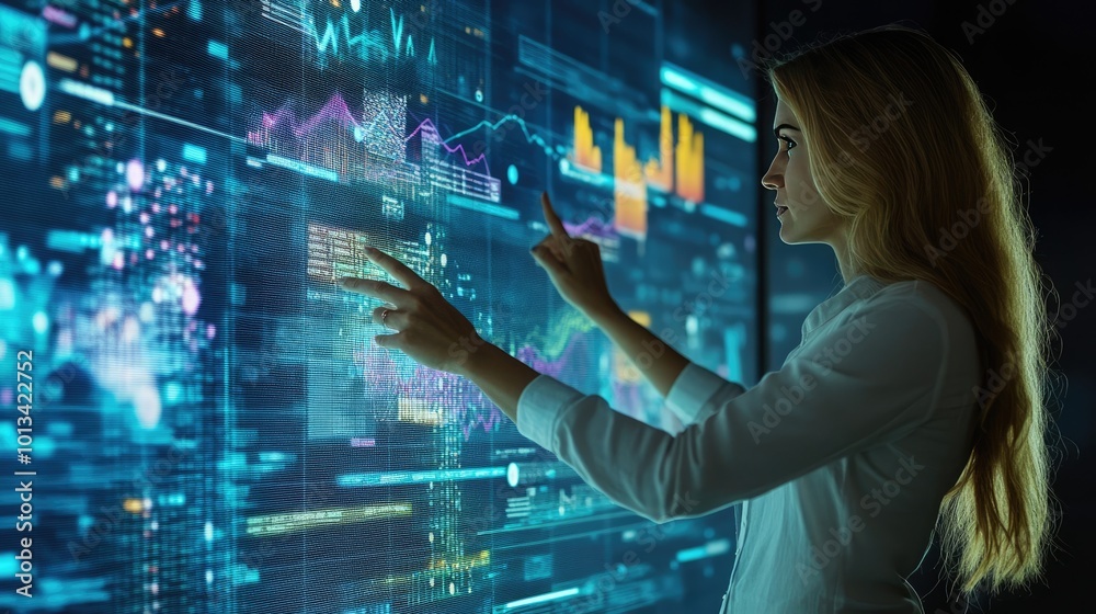 Business Woman Presenting Data on Digital Touch Screen in Night Conference