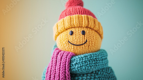 Smiley face with a warm hat and scarf, Winter emoticon, Emoji dressed warmly