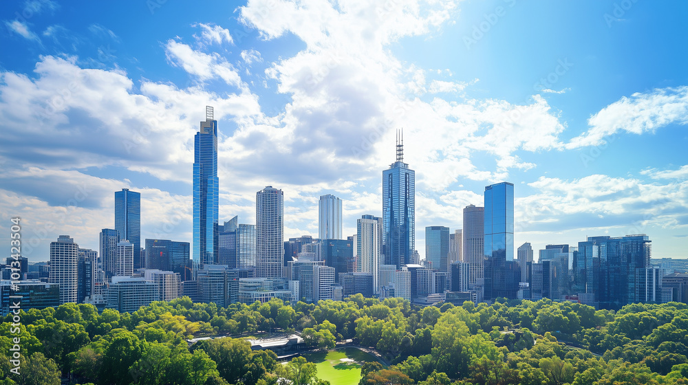 Obraz premium Aerial View of City Skyline and High-Rise Buildings Under Blue Sky and White Clouds