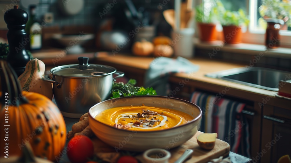 Cozy kitchen with a bowl of thick pumpkin soup, decorated with cream and nuts. There is a saucepan with a lid nearby, and autumn decorations are visible in the background. Cozy kitchen with a bowl of thick pumpkin soup, decorated with cream and nuts. There is a saucepan with a lid nearby, and autumn decorations are visible in the background.