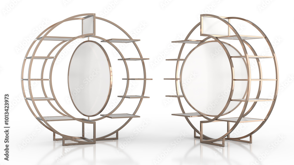 Retail metal round display rack mockup. Product advertising. 3d illustration set on white background