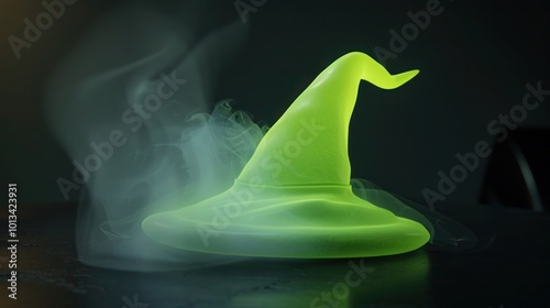 A glowing green witch hat, resting on a black surface with wisps of smoke curling from underneath. Its pointy tip leans slightly to the side, giving a magical and mysterious Halloween vibe.