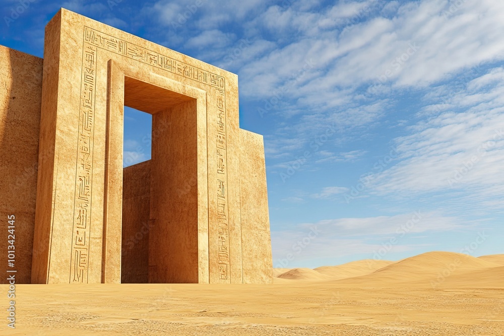 A Mystical Portal Stands Amidst the Golden Sands of Ancient Persia Under a Vast Blue Sky A Mystical Portal Stands Amidst the Golden Sands of Ancient Persia Under a Vast Blue Sky