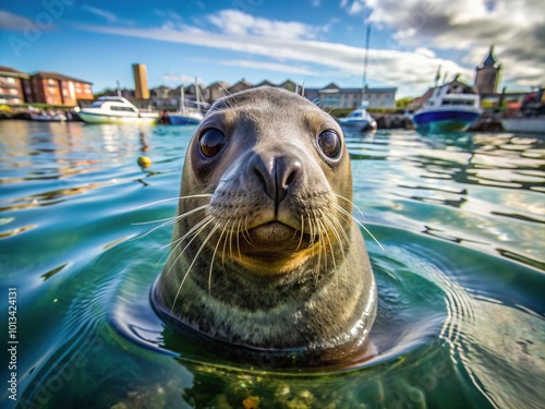 Fluffy large seal swims directly towards the camera with curious eyes, its belly full from scraps, in the clear ocean waters of a bustling harbor. photo