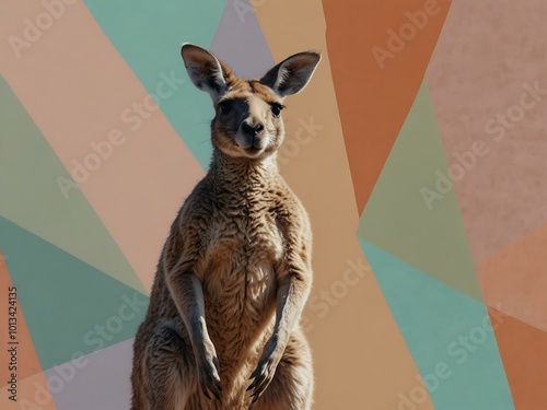 Modern poster featuring a kangaroo against pastel abstract forms. photo