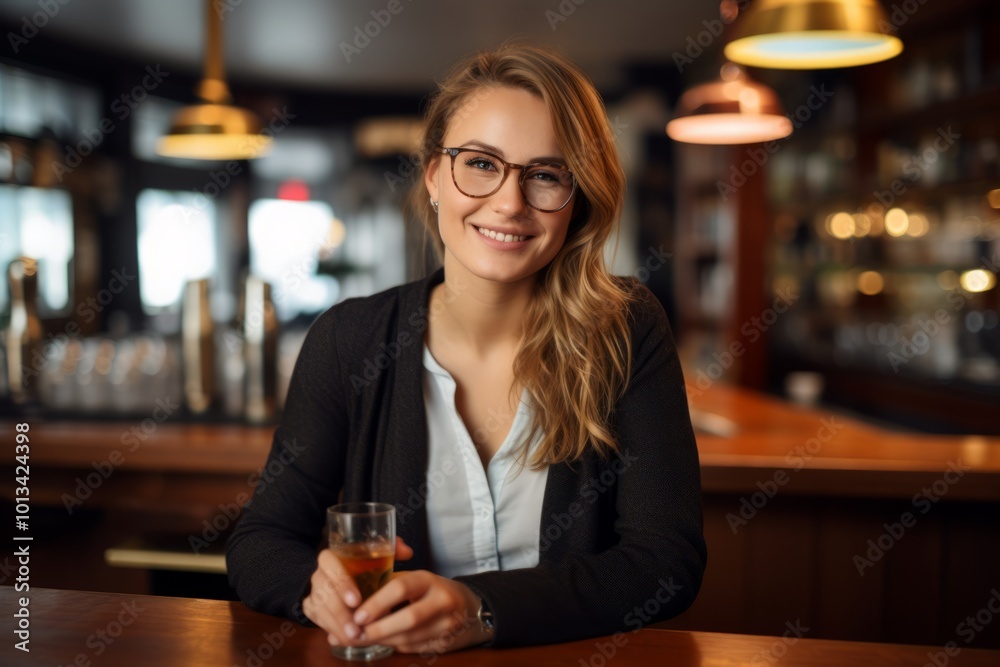 Portrait of a beautiful young woman in glasses sitting at a bar counter and holding a glass of whiskey. Portrait of a beautiful young woman in glasses sitting at a bar counter and holding a glass of whiskey.