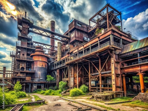 Forgotten relics of a bygone era, rusting machinery, and eerie silence fill the secret underground nuclear bunker beneath the abandoned steel mill's crumbling facade.