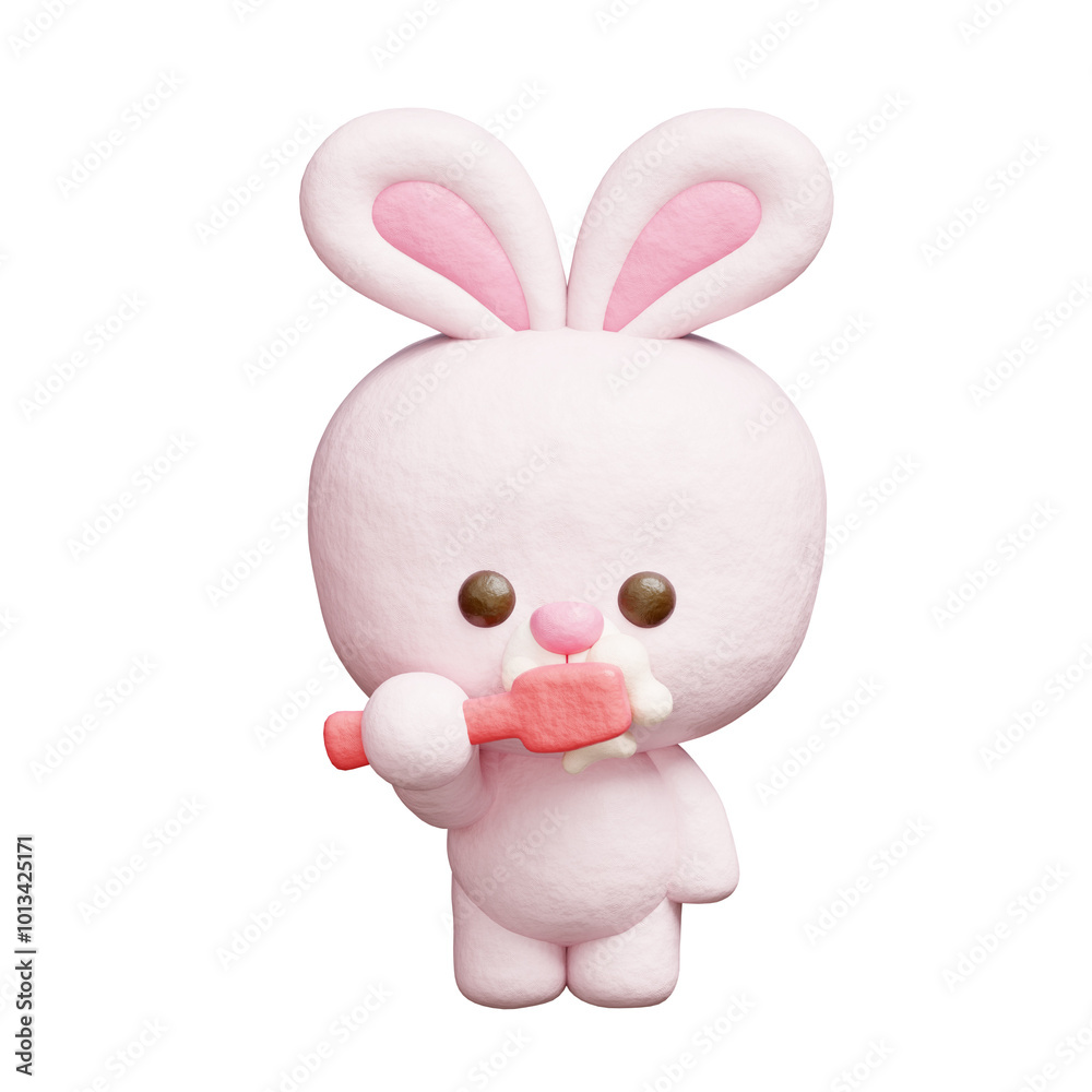 Obraz premium 3D cute rabbit brushing teeth, Cartoon animal character, 3D rendering.