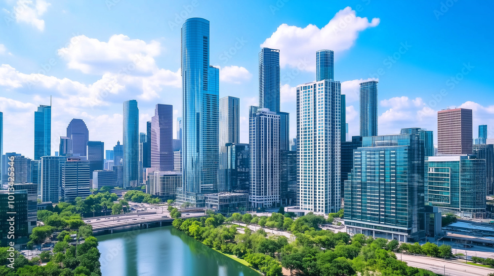 Obraz premium City Skyline and Skyscrapers Under Blue Sky and White Clouds Aerial View