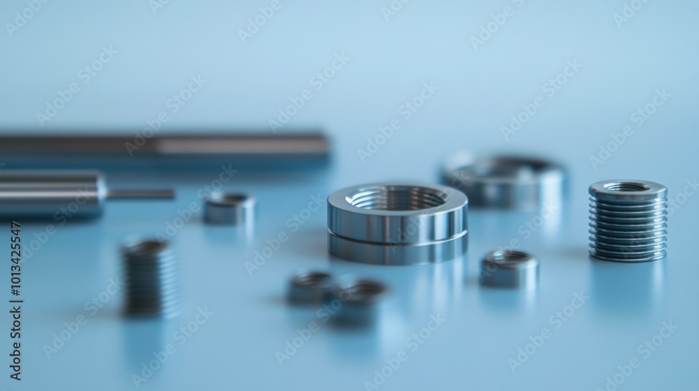 Close-Up of Shiny Metal Parts on a Blue Surface Close-Up of Shiny Metal Parts on a Blue Surface
