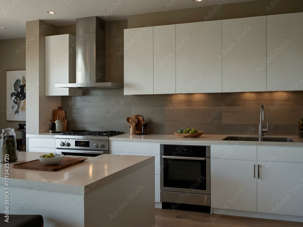 Open kitchen with sleek appliances and neutral decor, providing room for text. Open kitchen with sleek appliances and neutral decor, providing room for text.