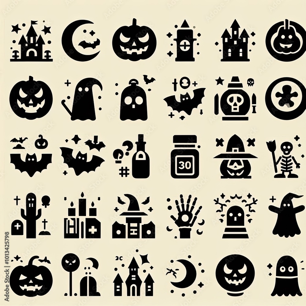 Obraz premium Halloween icon set. Solid icons collection, background, banner, card, poster, template, elegant
