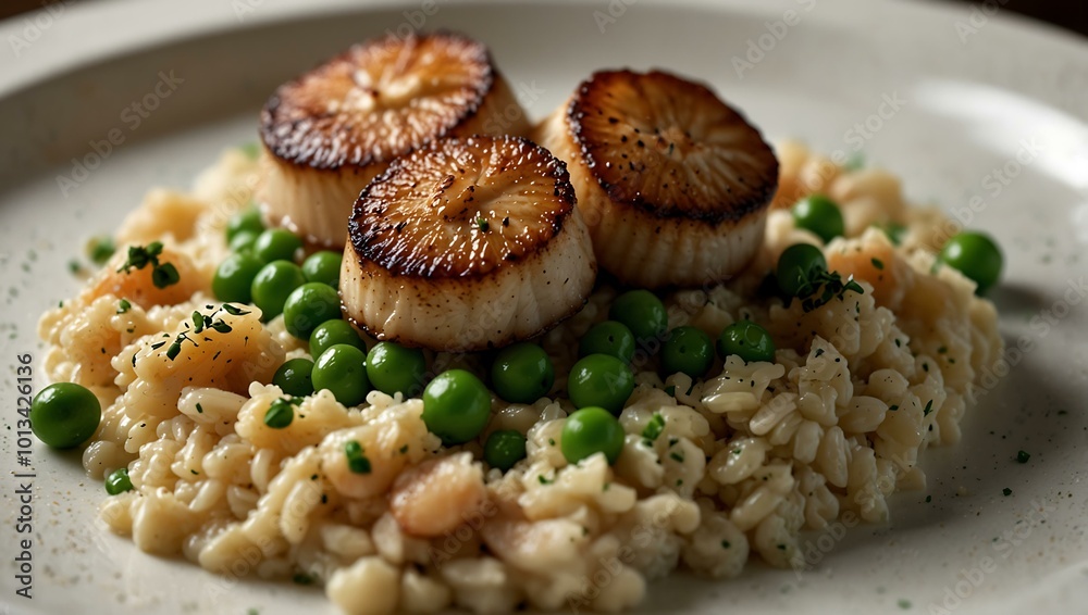 Pan-seared scallops on creamy risotto with peas, elegantly plated. Pan-seared scallops on creamy risotto with peas, elegantly plated.
