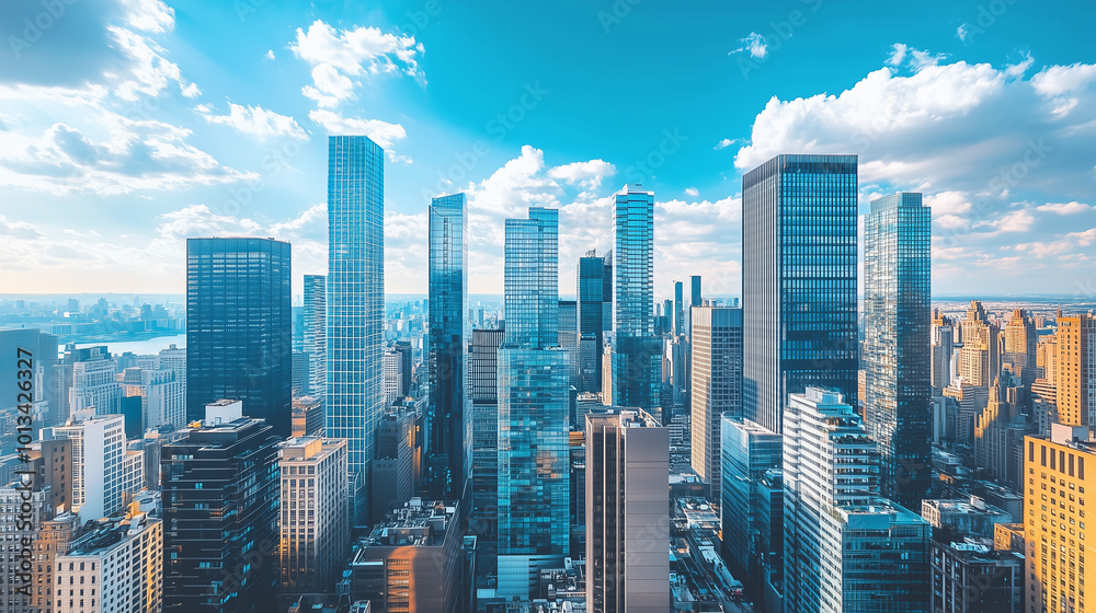 Fototapeta City Skyline and Skyscrapers Under Blue Sky and White Clouds Aerial View
