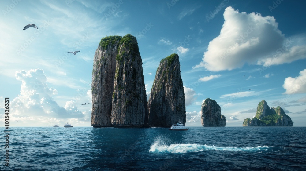 Naklejka premium Majestic Rock Formations Surrounded by Tranquil Waters and Lush Greenery