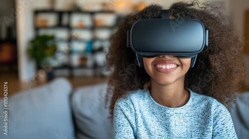 Young Girl Enthusiastically Wearing a Virtual Reality Headset, Focusing on Her Bright Smile and the Excitement of Exploring New Technology