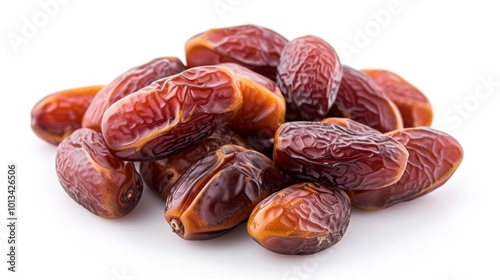 A pile of dried dates against a white background